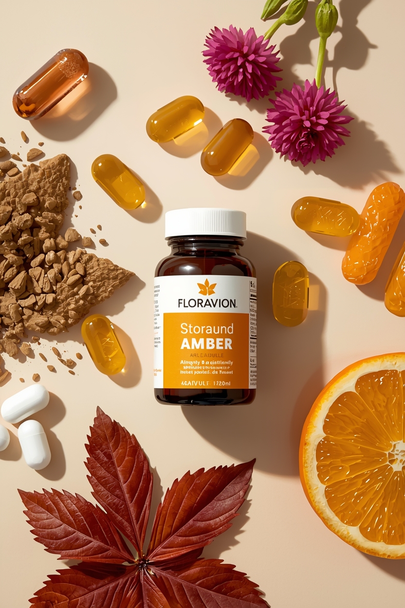 Amber dietary supplement capsules arranged beside botanical elements on a neutral surface